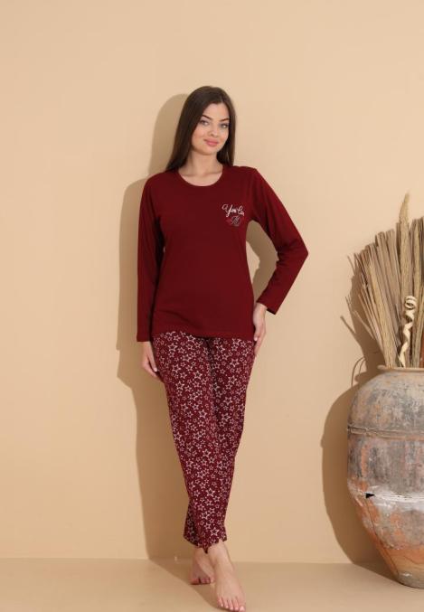 Pijama Dama „You Can M'" ,Pantaloni si Maneca Lunga,Culoare Visiniu,Engros